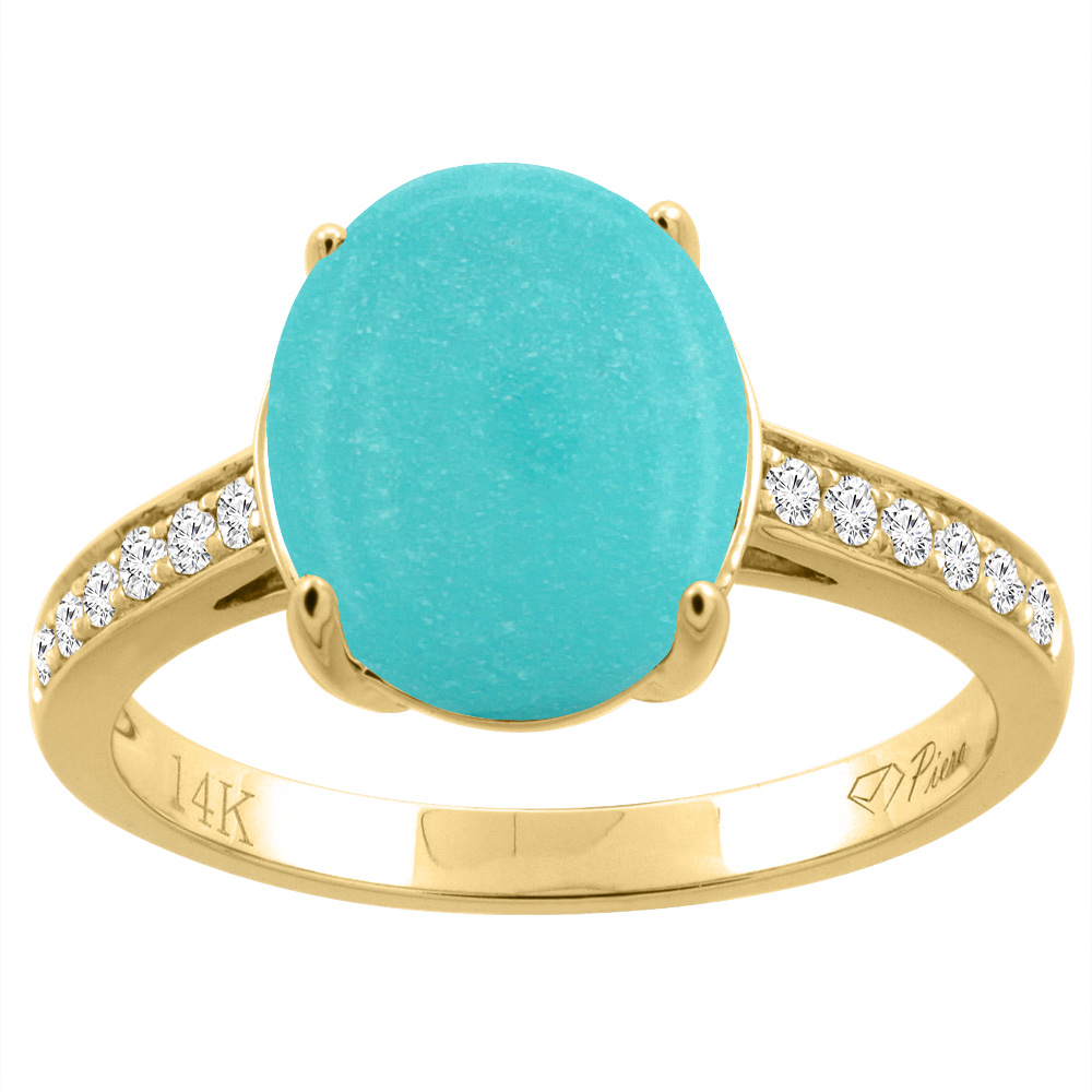 14K Gold Natural Turquoise Ring Oval 11x9 mm Diamond Accents, sizes 5 - 10