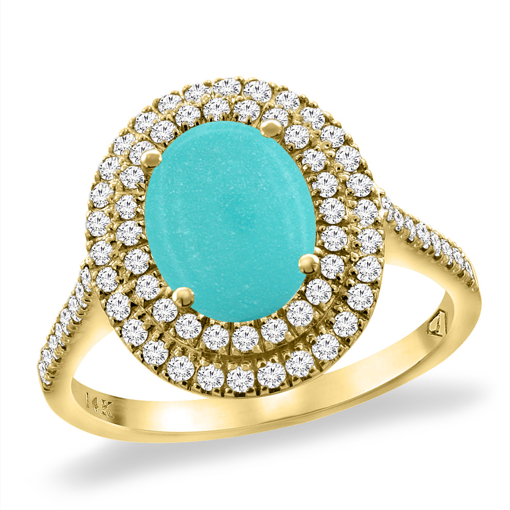 14K Yellow Gold Natural Turquoise Two Halo Diamond Engagement Ring 9x7 mm Oval, sizes 5 -10