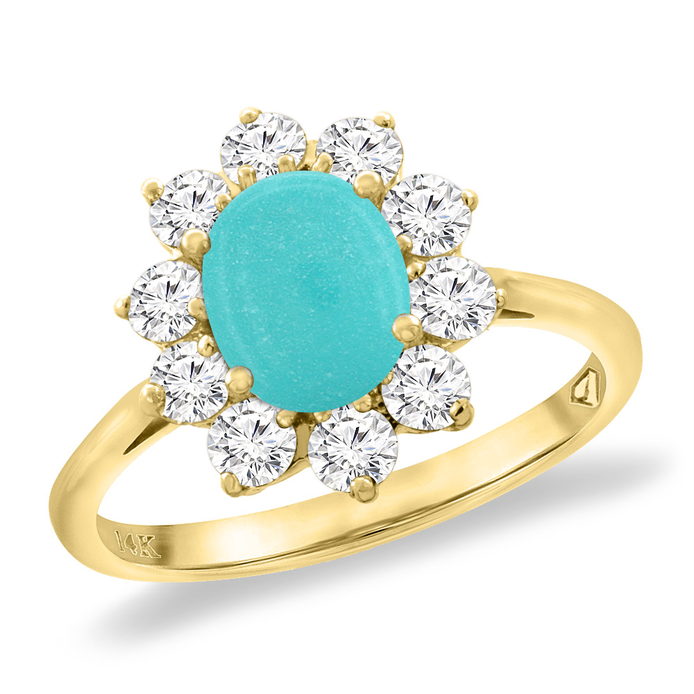 14K Yellow Gold Diamond Natural Turquoise Engagement Ring Oval 8x6 mm, sizes 5 -10
