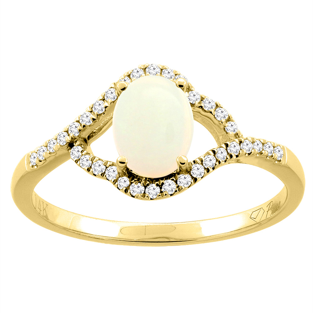 14K Gold Diamond Natural Opal Engagement Ring Oval 7x5 mm, sizes 5 - 10