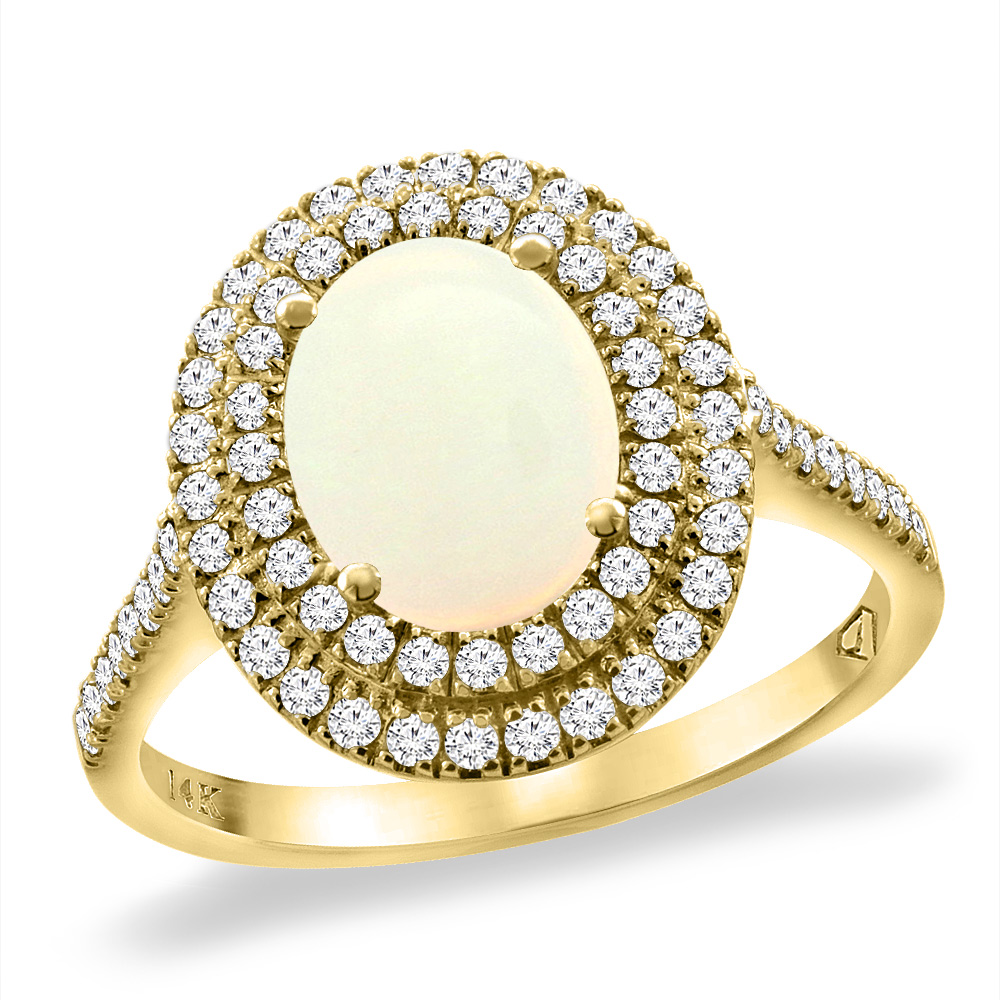 14K Yellow Gold Natural Opal Two Halo Diamond Engagement Ring 9x7 mm Oval, sizes 5 -10