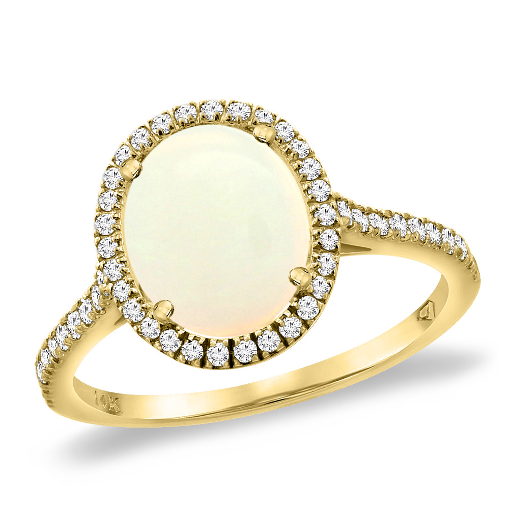 14K Yellow Gold Natural Opal Diamond Halo Engagement Ring 10x8 mm Oval, sizes 5 -10