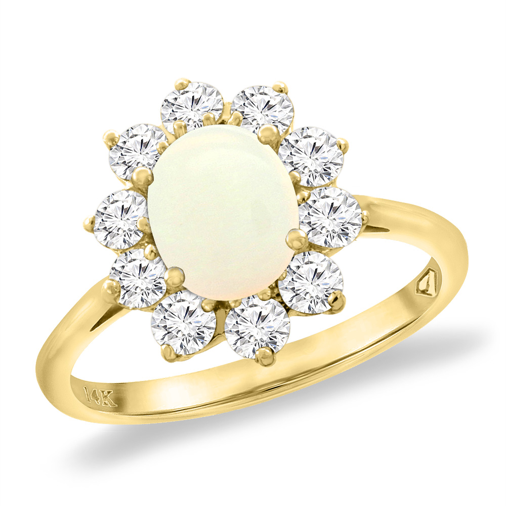14K Yellow Gold Diamond Natural Opal Engagement Ring Oval 8x6 mm, sizes 5 -10