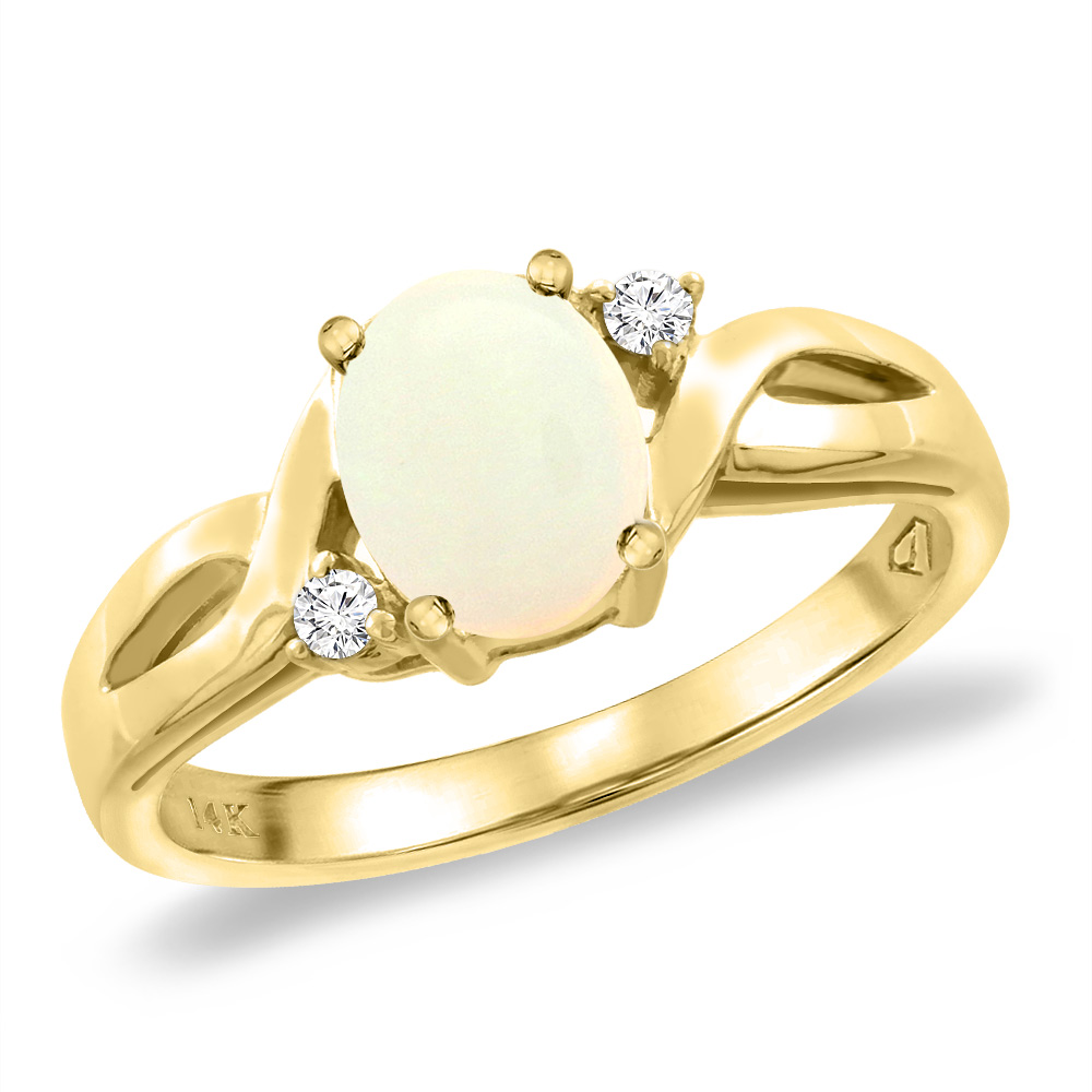 14K Yellow Gold Diamond Natural Opal Engagement Ring Oval 8x6 mm, sizes 5 -10