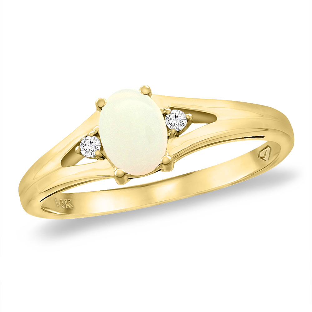 14K Yellow Gold Diamond Natural Opal Engagement Ring Oval 6x4 mm, sizes 5 -10