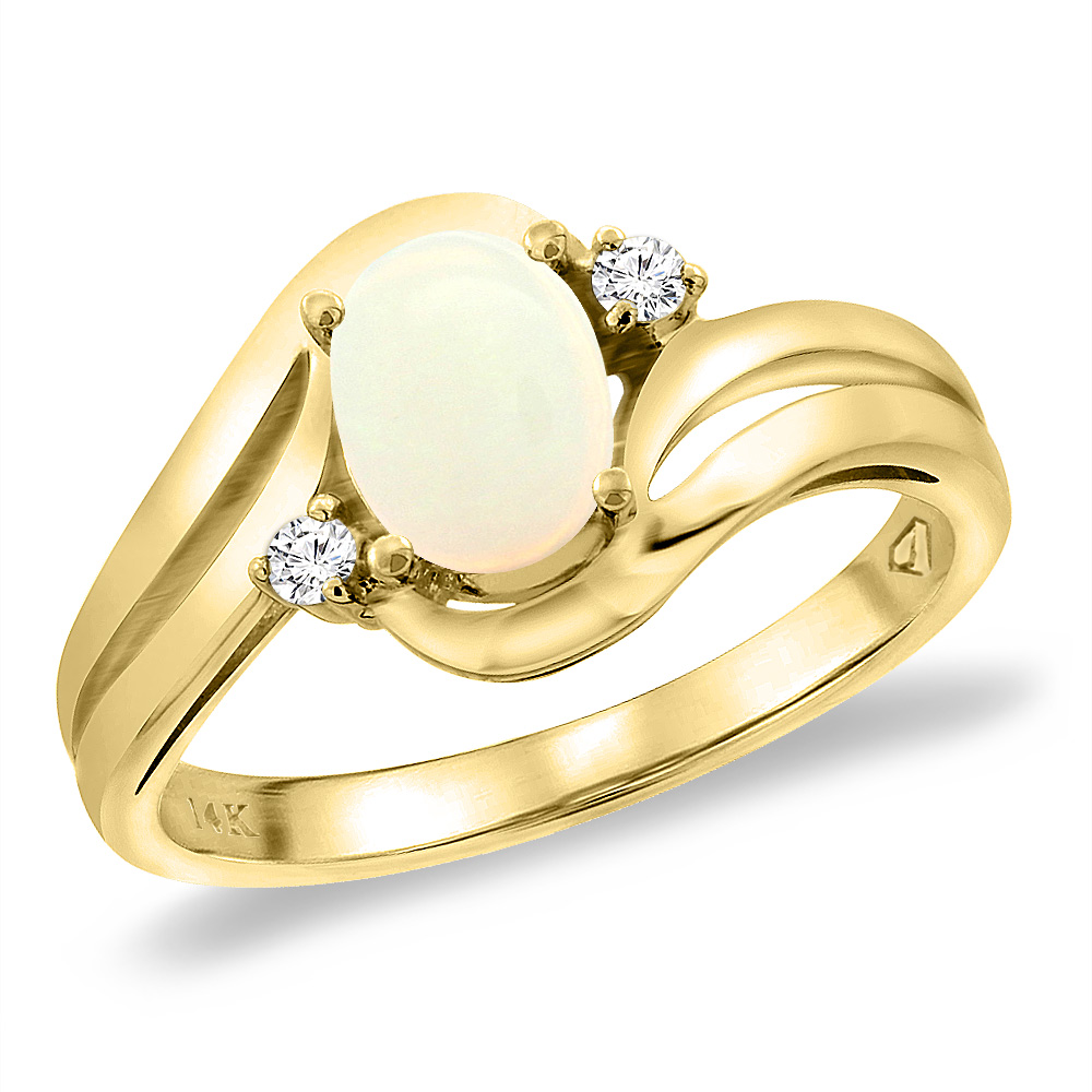 14K Yellow Gold Diamond Natural Opal Bypass Engagement Ring Oval 8x6 mm, sizes 5 -10