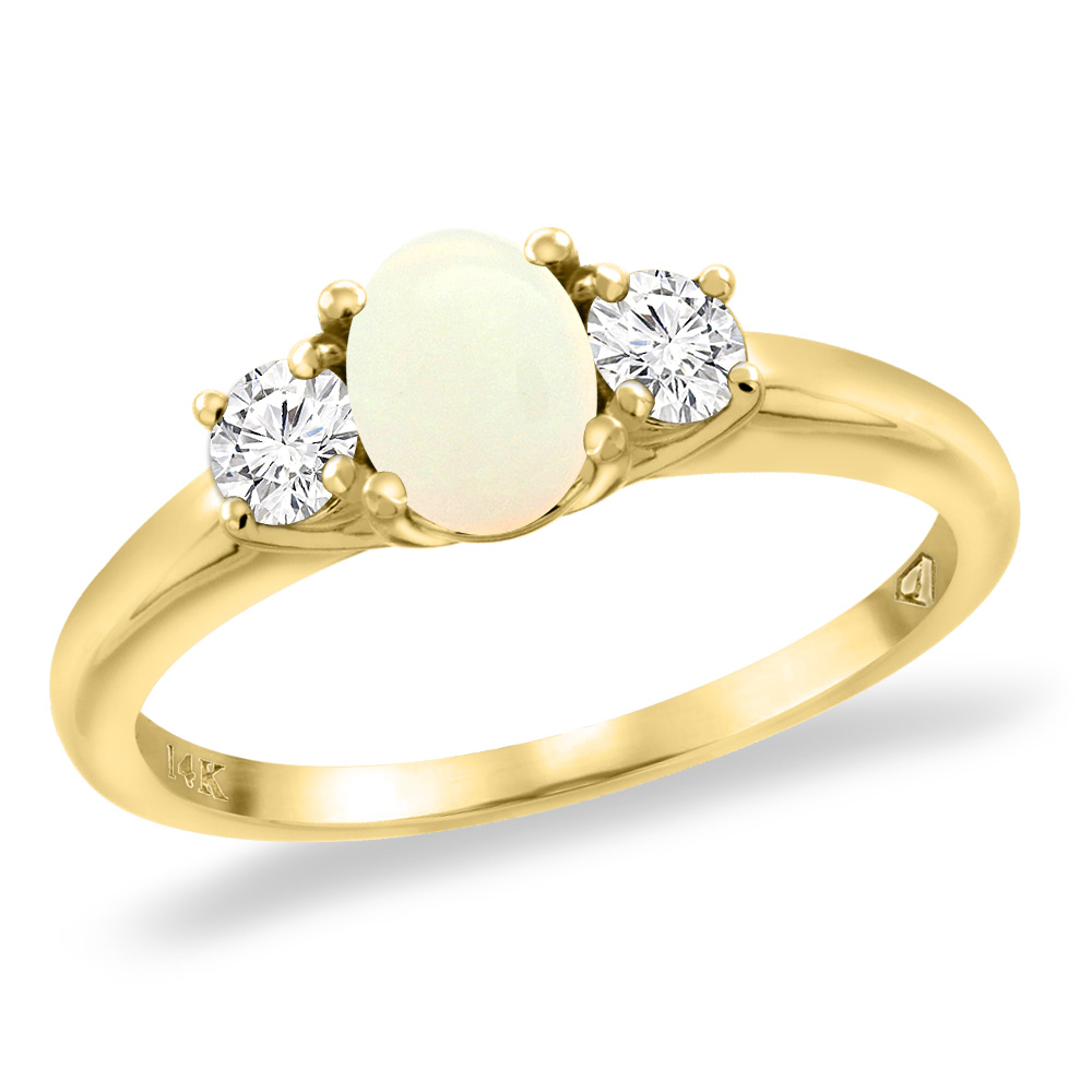 14K Yellow Gold Natural Opal Engagement Ring Diamond Accents Oval 7x5 mm, sizes 5 -10