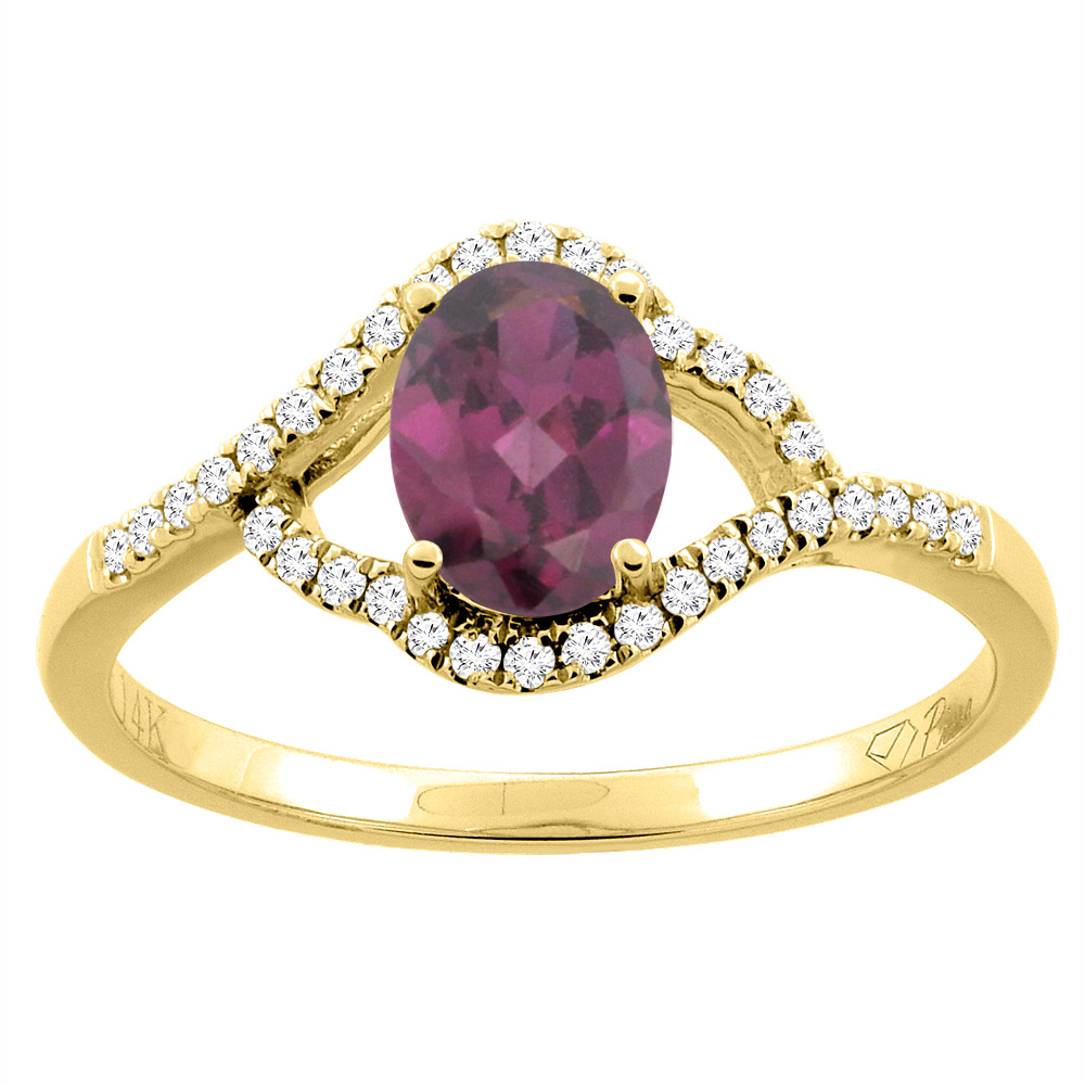 14K Gold Diamond Natural Rhodolite Engagement Ring Oval 7x5 mm, sizes 5 - 10