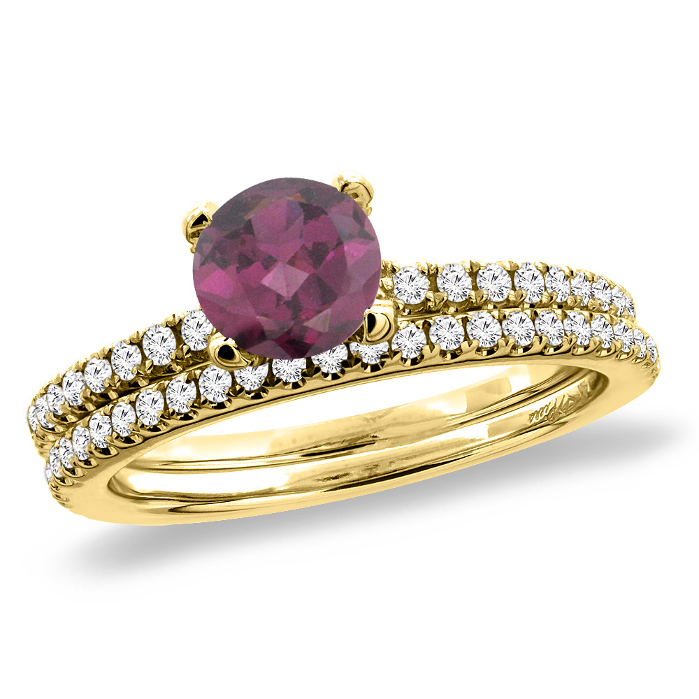 14K Yellow Gold Diamond Natural Rodolite 2pc Engagement Ring Set Round 5 mm, sizes 5-10