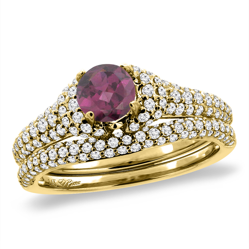 14K Yellow Gold Diamond Natural Rodolite 2pc Engagement Ring Set Round 5 mm, sizes 5-10