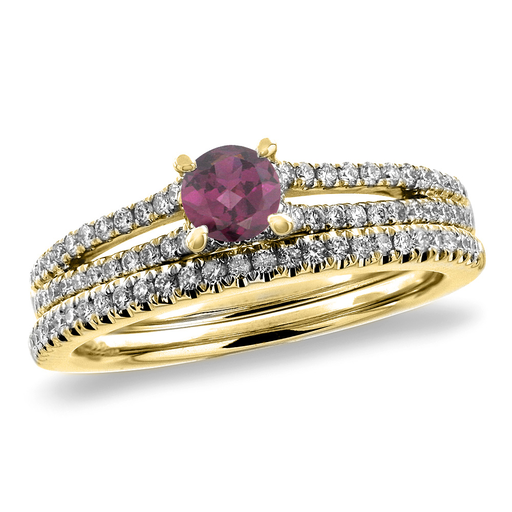 14K Yellow Gold Diamond Natural Rodolite 2pc Engagement Ring Set Round 5 mm, sizes 5-10