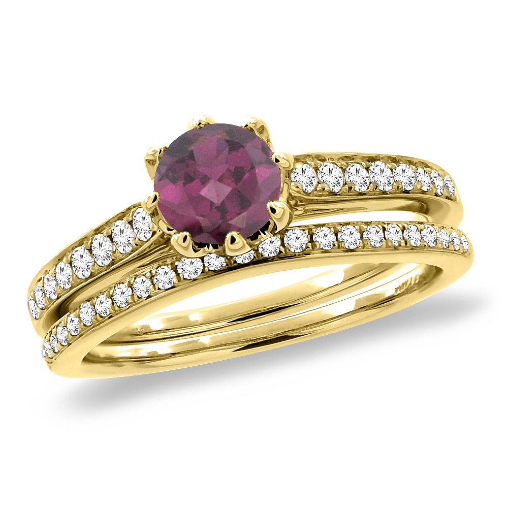14K Yellow Gold Diamond Natural Rodolite 2pc Engagement Ring Set Round 5 mm, sizes 5-10
