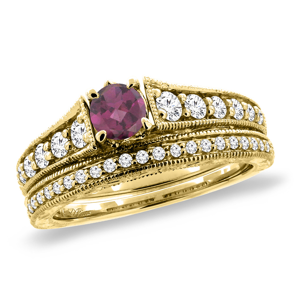 14K Yellow Gold Diamond Natural Rodolite 2pc Engagement Ring Set Round 5 mm, sizes 5-10
