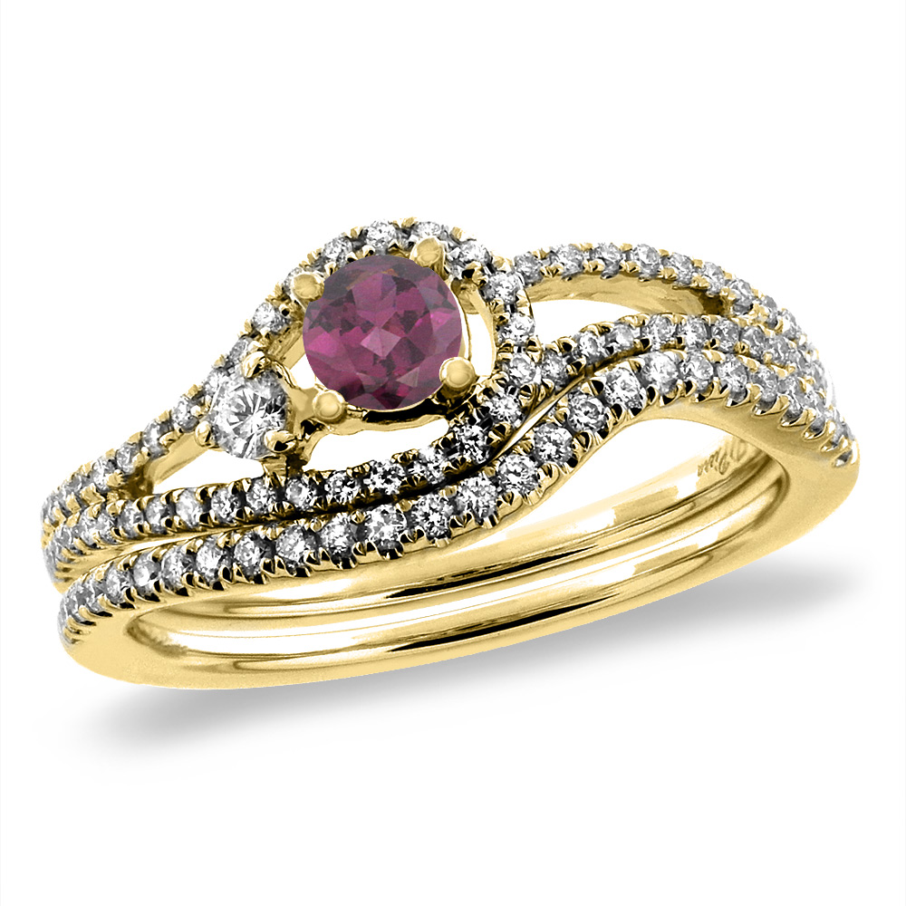 14K Yellow Gold Diamond Natural Rodolite 2pc Engagement Ring Set Round 5 mm, sizes 5-10