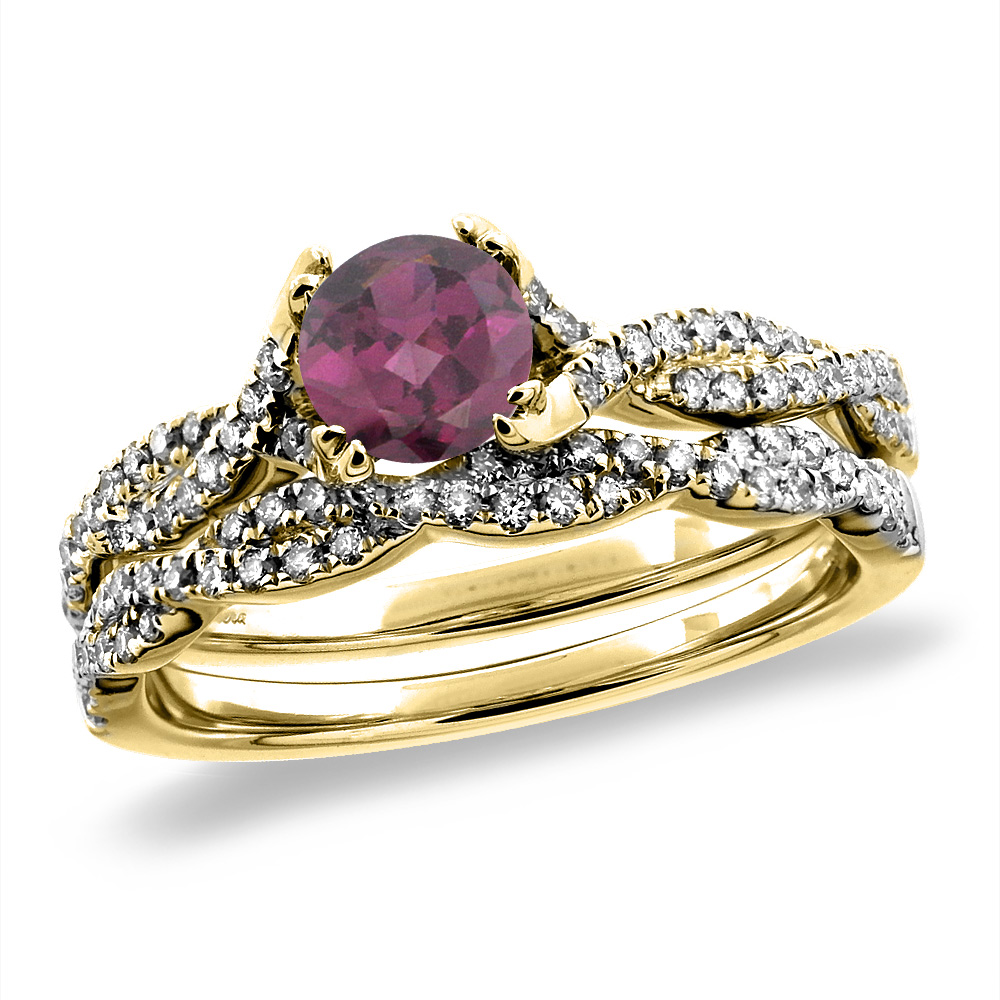 14K White/Yellow Gold Diamond Natural Rodolite 2pc Infinity Engagement Ring Set Round 5 mm, sz 5-10