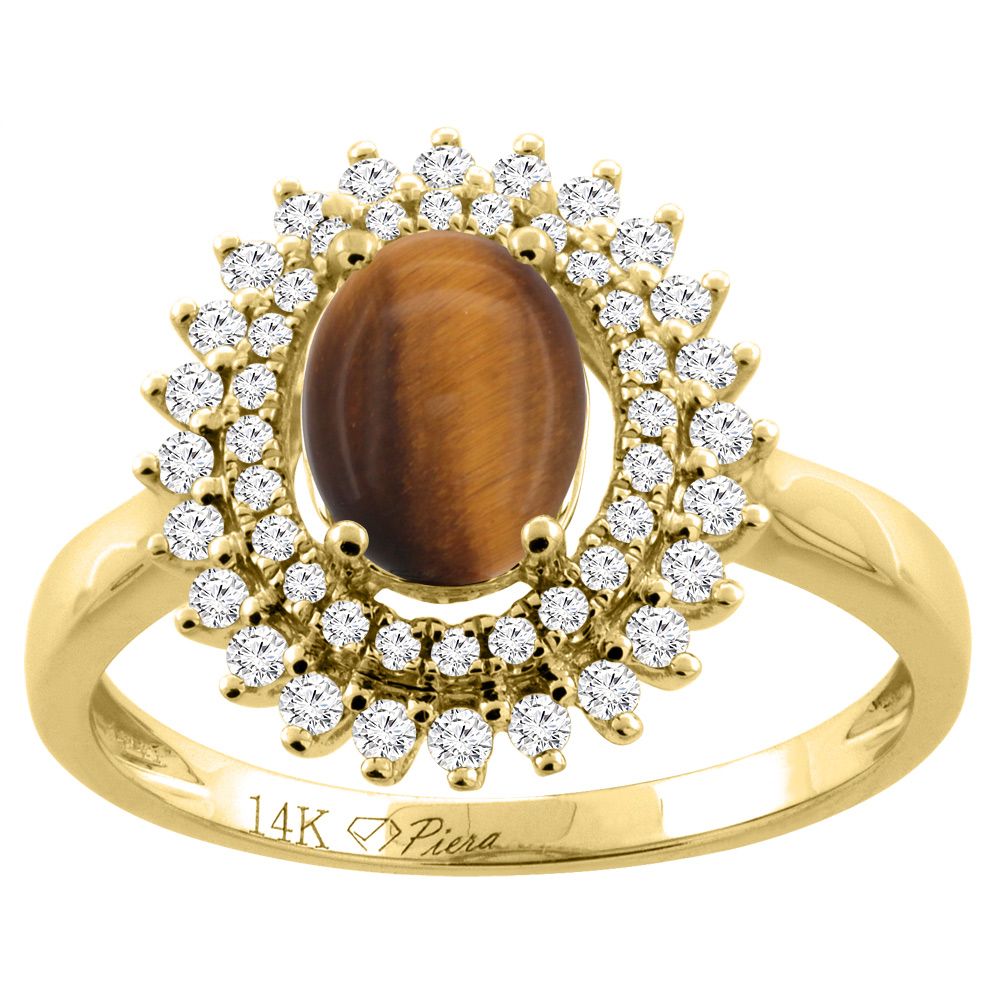 14K Gold Natural Tiger Eye Ring Oval 8x6 mm Double Halo Diamond Accents, sizes 5 - 10