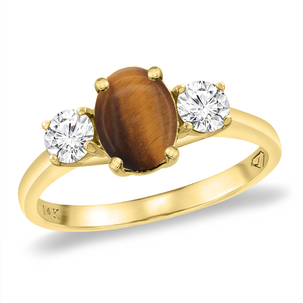 14K Yellow Gold Natural Tiger Eye & 2pc. Diamond Engagement Ring Oval 8x6 mm, sizes 5 -10