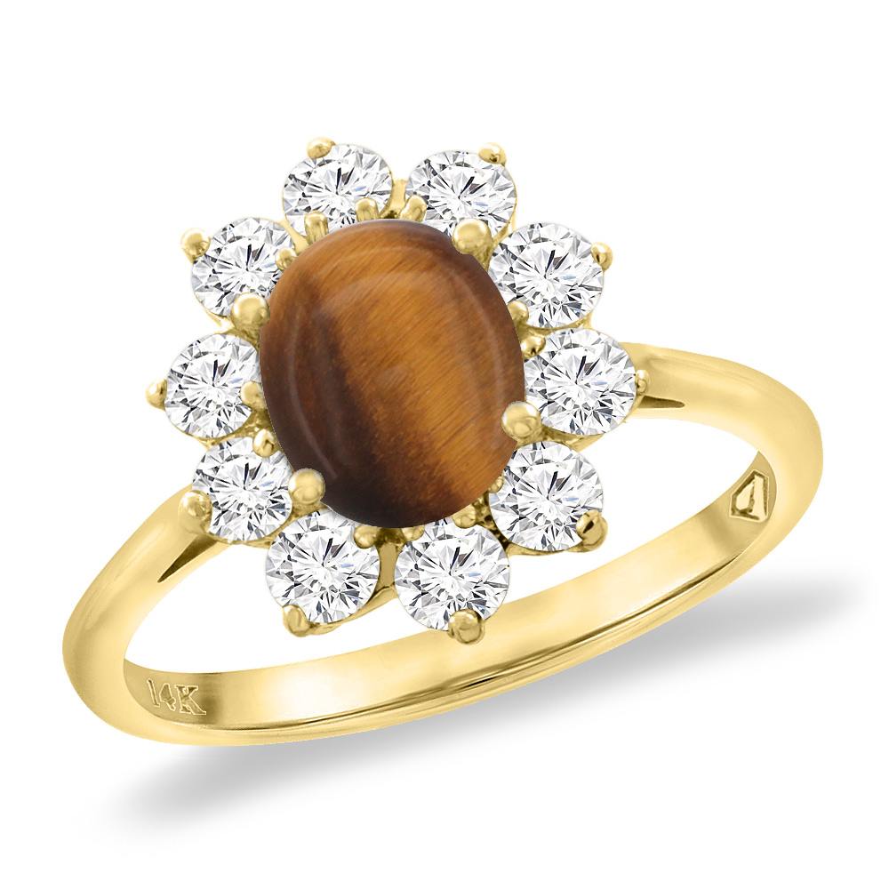 14K Yellow Gold Diamond Natural Tiger Eye Engagement Ring Oval 8x6 mm, sizes 5 -10