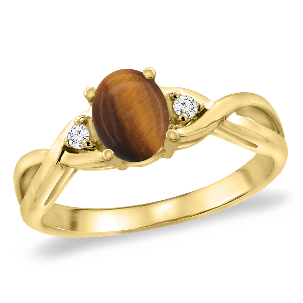 14K Yellow Gold Diamond Natural Tiger Eye Infinity Engagement Ring Oval 7x5 mm, sizes 5 -10