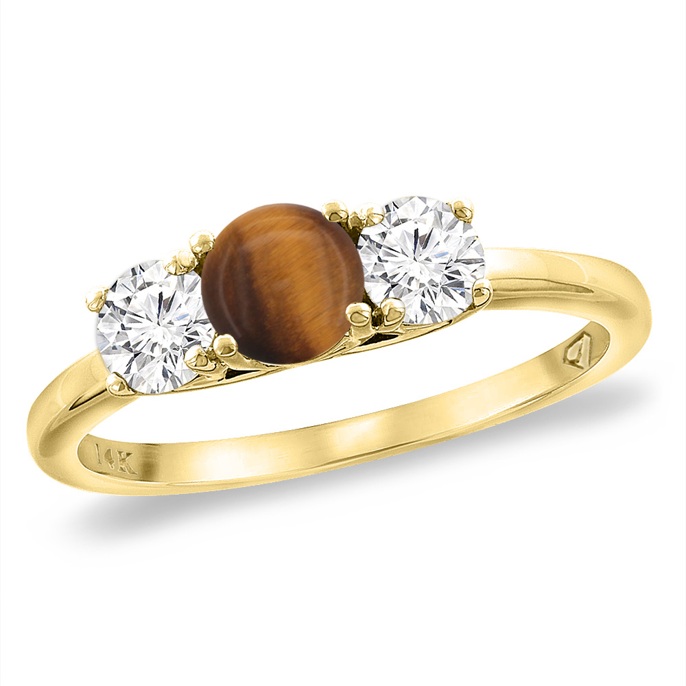 14K Yellow Gold Diamond Natural Tiger Eye Engagement Ring 5mm Round, sizes 5 -10