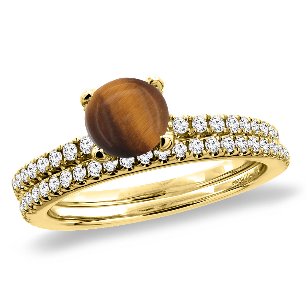 14K Yellow Gold Diamond Natural Tiger Eye 2pc Engagement Ring Set Round 5 mm, sizes 5-10
