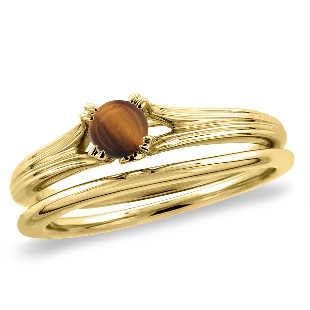 14K Yellow Gold Diamond Natural Tiger Eye 2pc Solitaire Engagement Ring Set Round 5 mm, sizes 5 -10