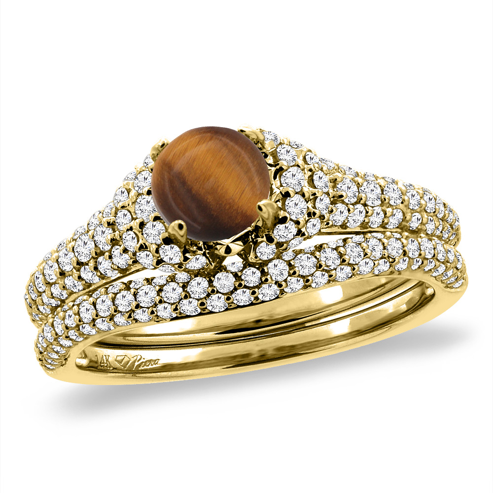 14K Yellow Gold Diamond Natural Tiger Eye 2pc Engagement Ring Set Round 5 mm, sizes 5-10