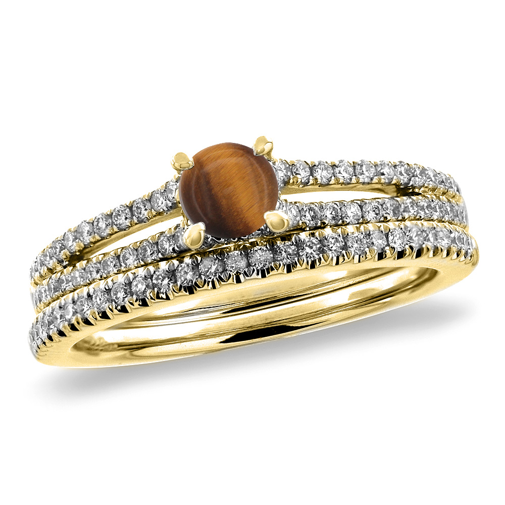 14K Yellow Gold Diamond Natural Tiger Eye 2pc Engagement Ring Set Round 5 mm, sizes 5-10