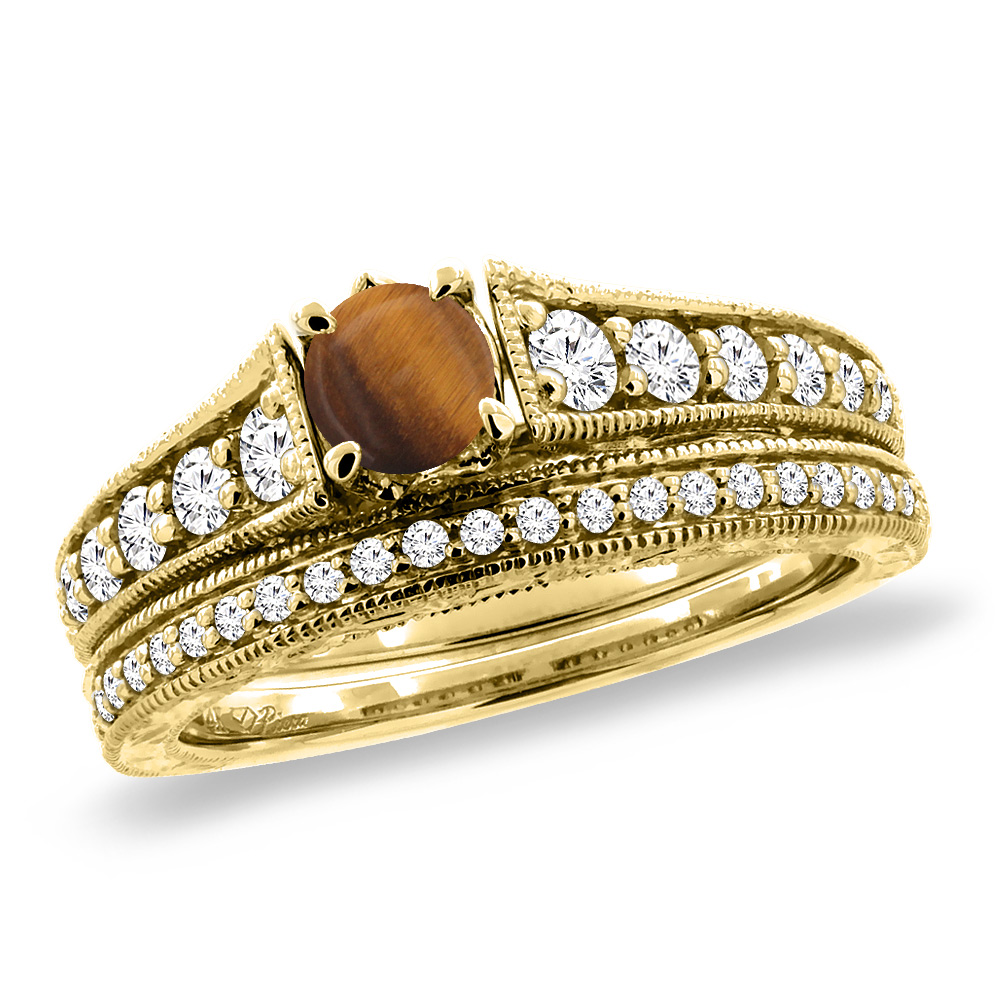 14K Yellow Gold Diamond Natural Tiger Eye 2pc Engagement Ring Set Round 5 mm, sizes 5-10