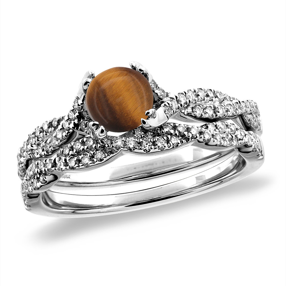 14K White/Yellow Gold Diamond Natural Tiger Eye 2pc Infinity Engagement Ring Set Round 5 mm, sz 5-10