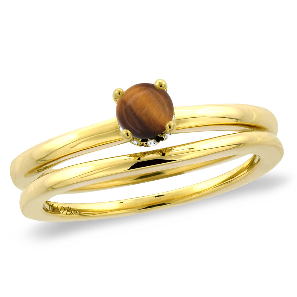 14K Yellow Gold Diamond Natural Tiger Eye 2pc Solitaire Engagement Ring Set Round 5 mm, sizes 5 -10