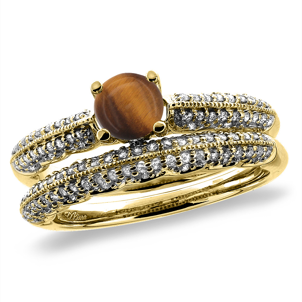 14K Yellow Gold Diamond Natural Tiger Eye 2pc Engagement Ring Set Round 5 mm, sizes 5-10