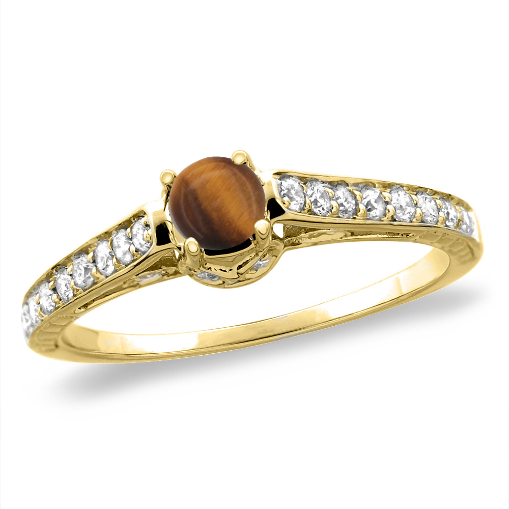 14K White/Yellow Gold Diamond Natural Tiger Eye Engagement Ring Round 5 mm, sizes 5-10