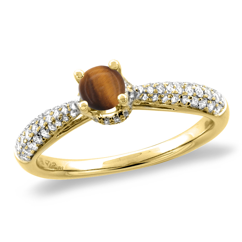 14K White/Yellow Gold Diamond Natural Tiger Eye Engagement Ring Round 5 mm, sizes 5-10