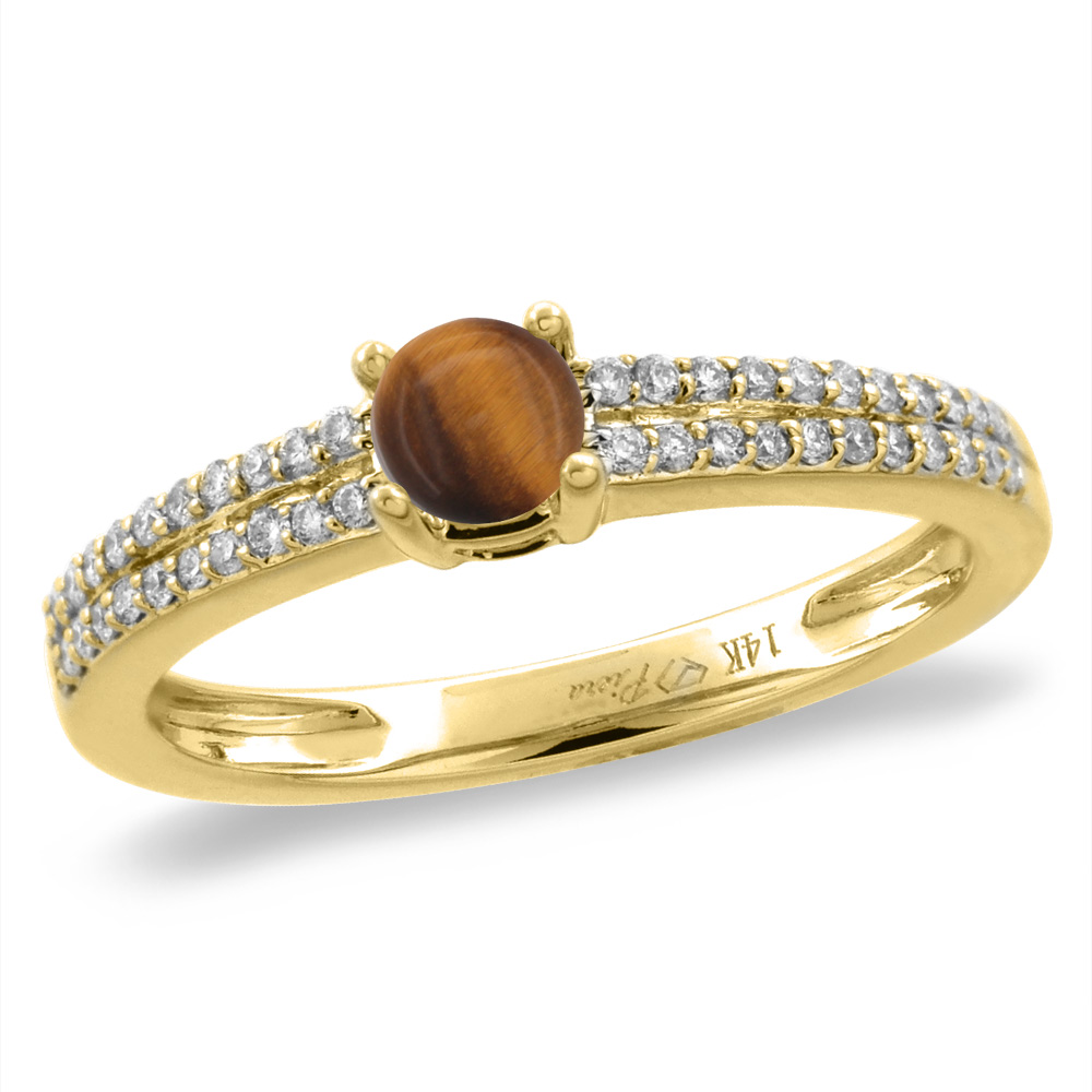 14K White/Yellow Gold Diamond Natural Tiger Eye Engagement Ring Round 5 mm, sizes 5-10