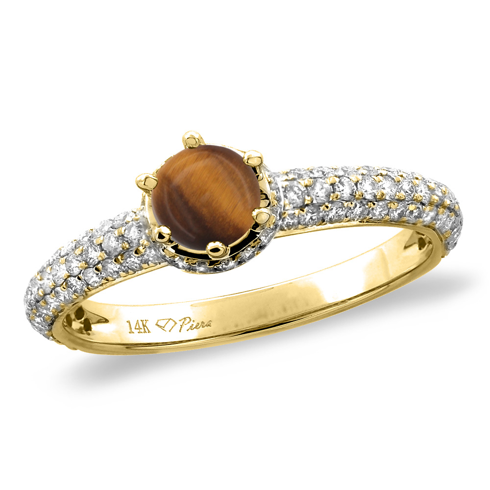 14K White/Yellow Gold Diamond Natural Tiger Eye Engagement Ring Round 5 mm, sizes 5-10