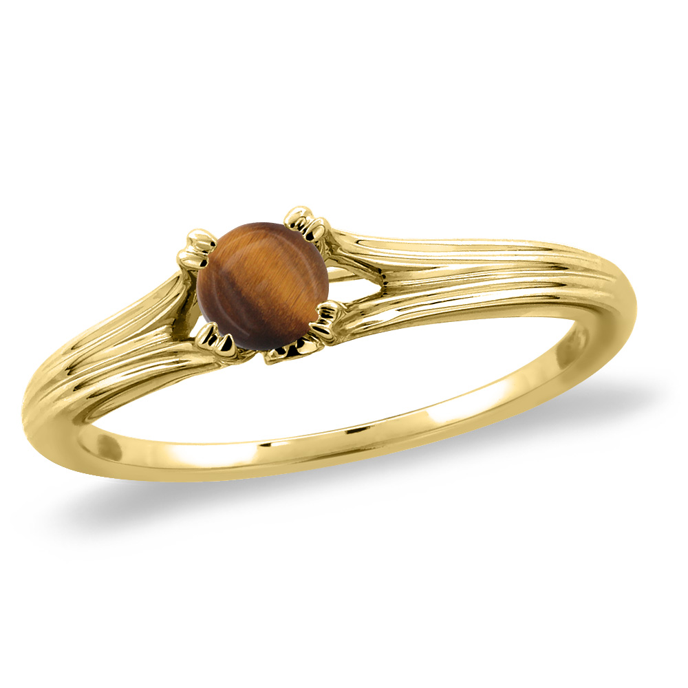 14K Yellow Gold Diamond Natural Tiger Eye Solitaire Engagement Ring Round 5 mm, sizes 5 -10
