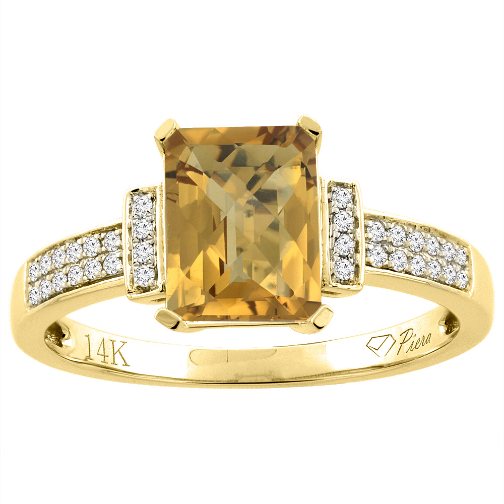 14K Gold Natural Whisky Quartz Ring Octagon 8x6 mm Diamond Accents, sizes 5 - 10
