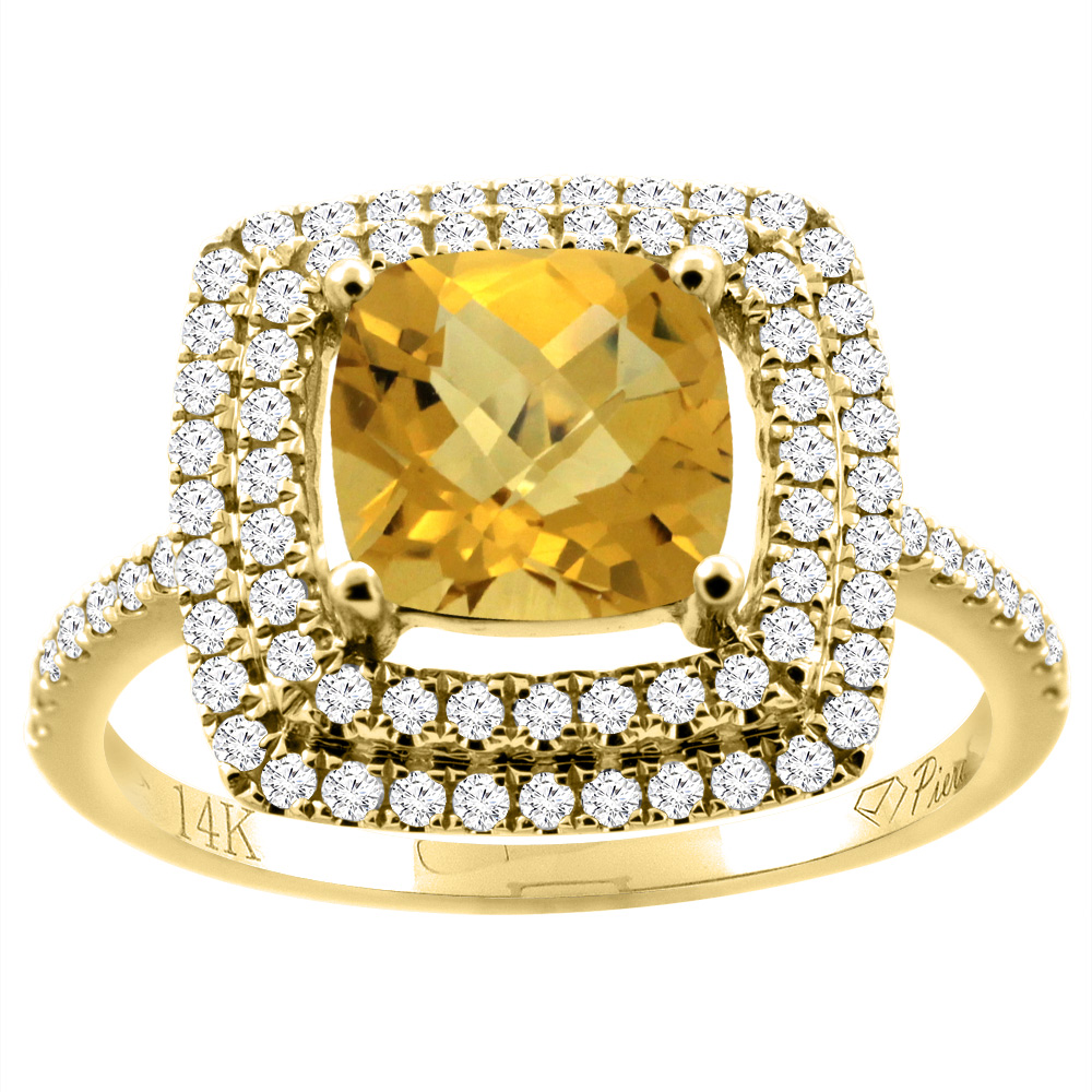14K Gold Natural Whisky Quartz Ring Cushion Cut 7x7 mm Double Halo Diamond Accents, sizes 5 - 10