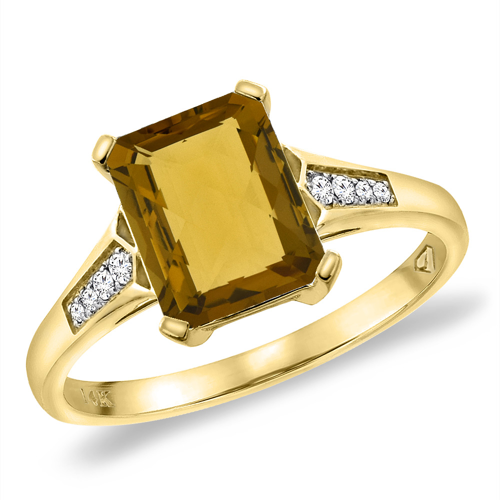 14K Yellow Gold Natural Whisky Quartz Ring 9x7 mm Octagon with Diamond Accent, sizes 5 -10