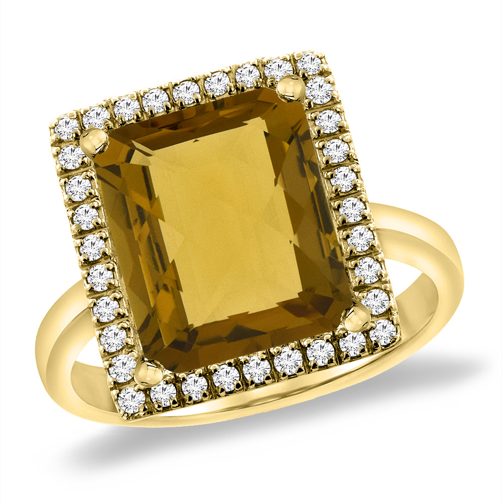 14K Yellow Gold Natural Whisky Quartz Ring Diamond Accent 12x10 mm Octagon, sizes 5 -10