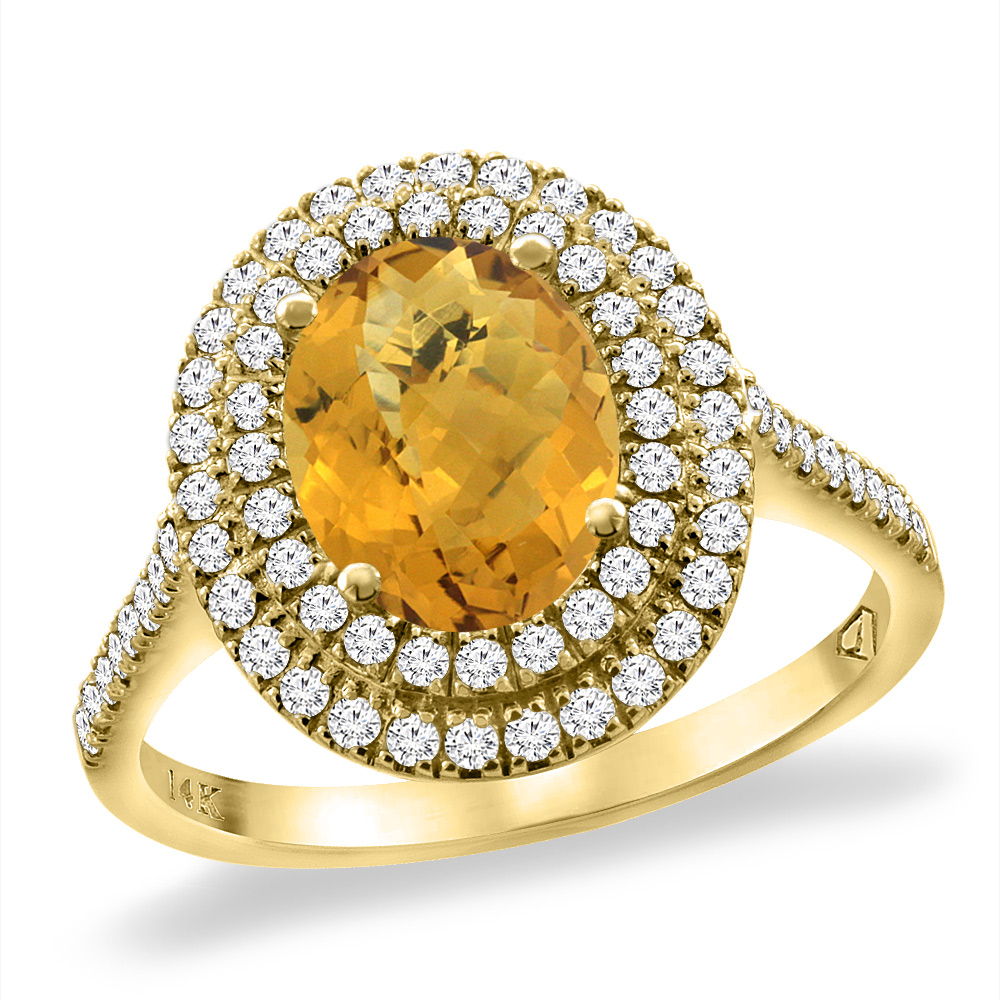 14K Yellow Gold Natural Whisky Quartz Two Halo Diamond Engagement Ring 9x7 mm Oval, sizes 5 -10