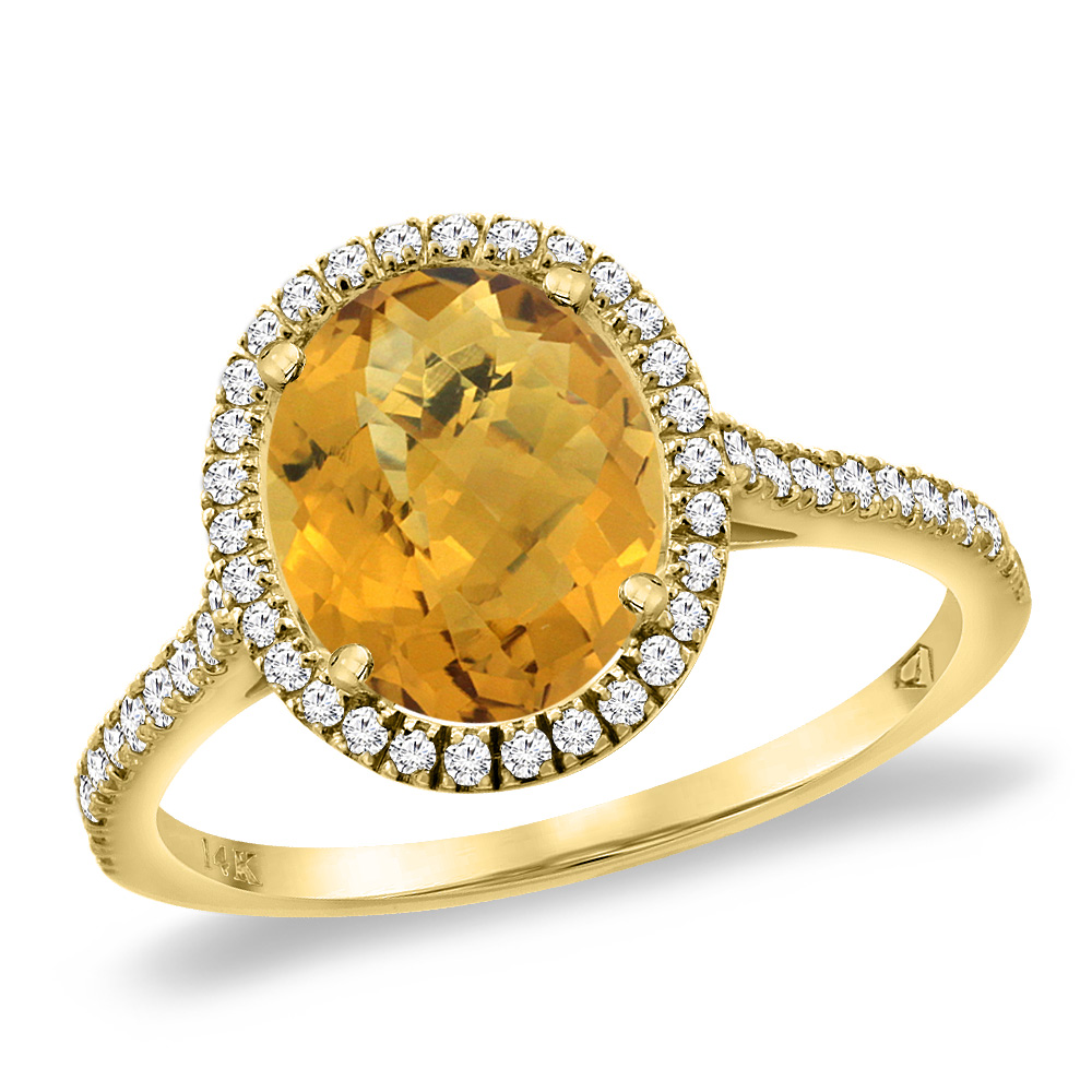 14K Yellow Gold Natural Whisky Quartz Diamond Halo Engagement Ring 10x8 mm Oval, sizes 5 -10