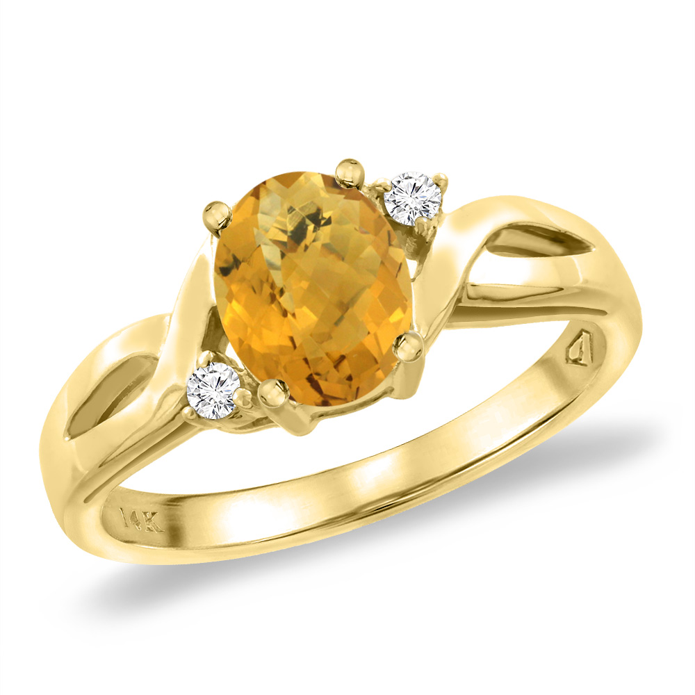 14K Yellow Gold Diamond Natural Whisky Quartz Engagement Ring Oval 8x6 mm, sizes 5 -10