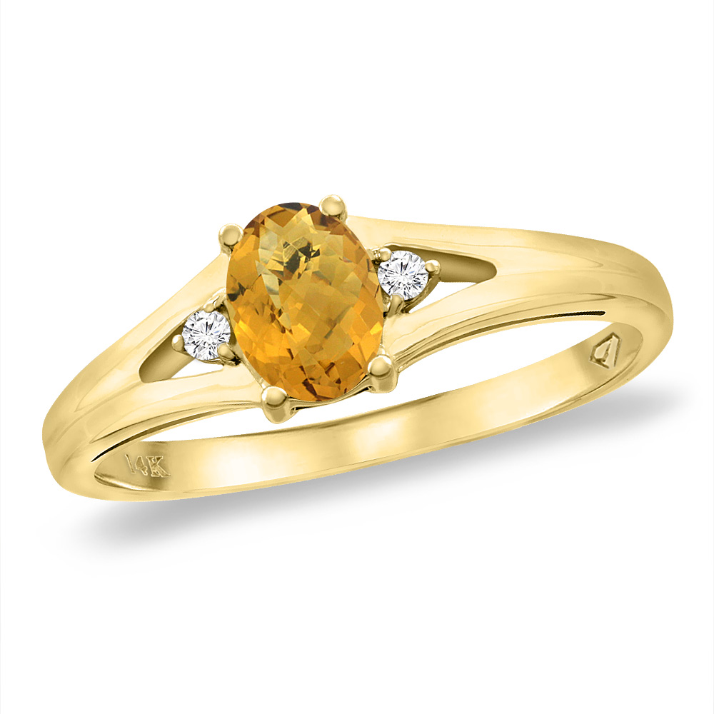 14K Yellow Gold Diamond Natural Whisky Quartz Engagement Ring Oval 6x4 mm, sizes 5 -10
