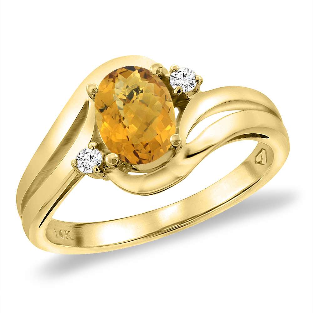 14K Yellow Gold Diamond Natural Whisky Quartz Bypass Engagement Ring Oval 8x6 mm, sizes 5 -10