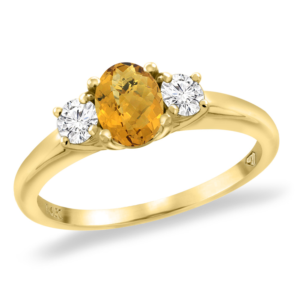 14K Yellow Gold Natural Whisky Quartz Engagement Ring Diamond Accents Oval 7x5 mm, sizes 5 -10