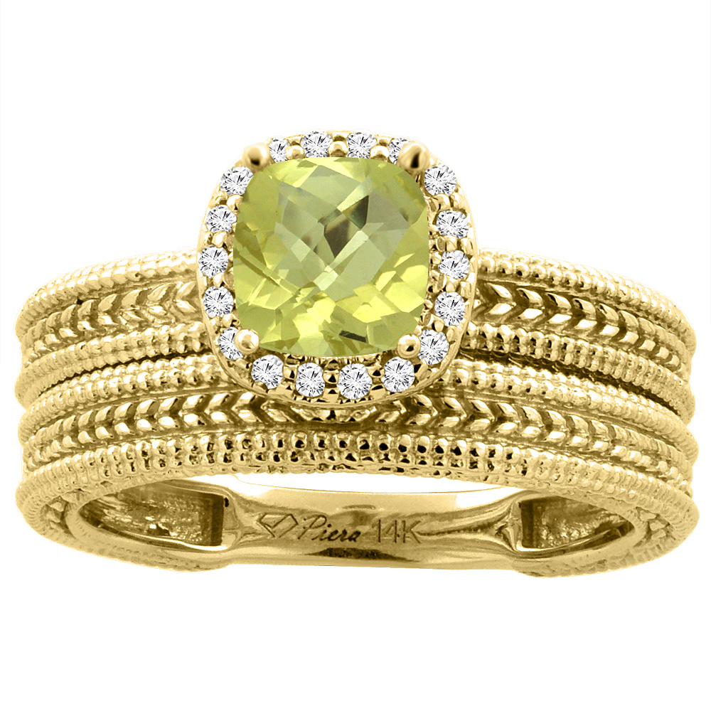 14K Yellow Gold Diamond Natural Lemon Quartz 2-pc Engagement Ring Set Cushion 7x7 mm, sizes 5-10