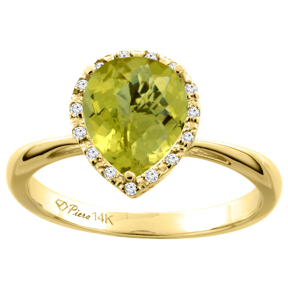 14K Yellow Gold Natural Lemon Quartz & Diamond Halo Engagement Ring Pear Shape 9x7 mm, sizes 5-10