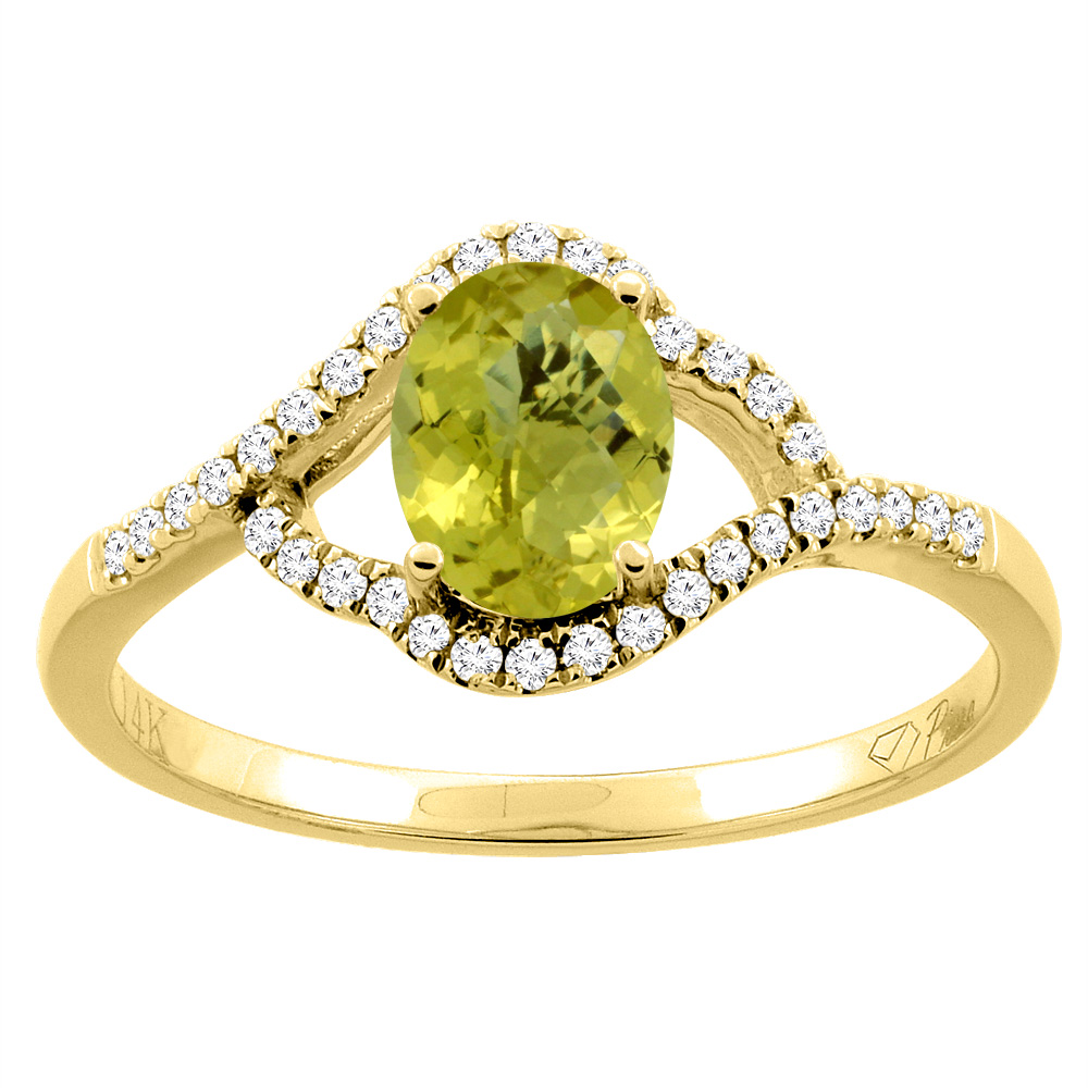 14K Gold Diamond Natural Lemon Quartz Engagement Ring Oval 7x5 mm, sizes 5 - 10